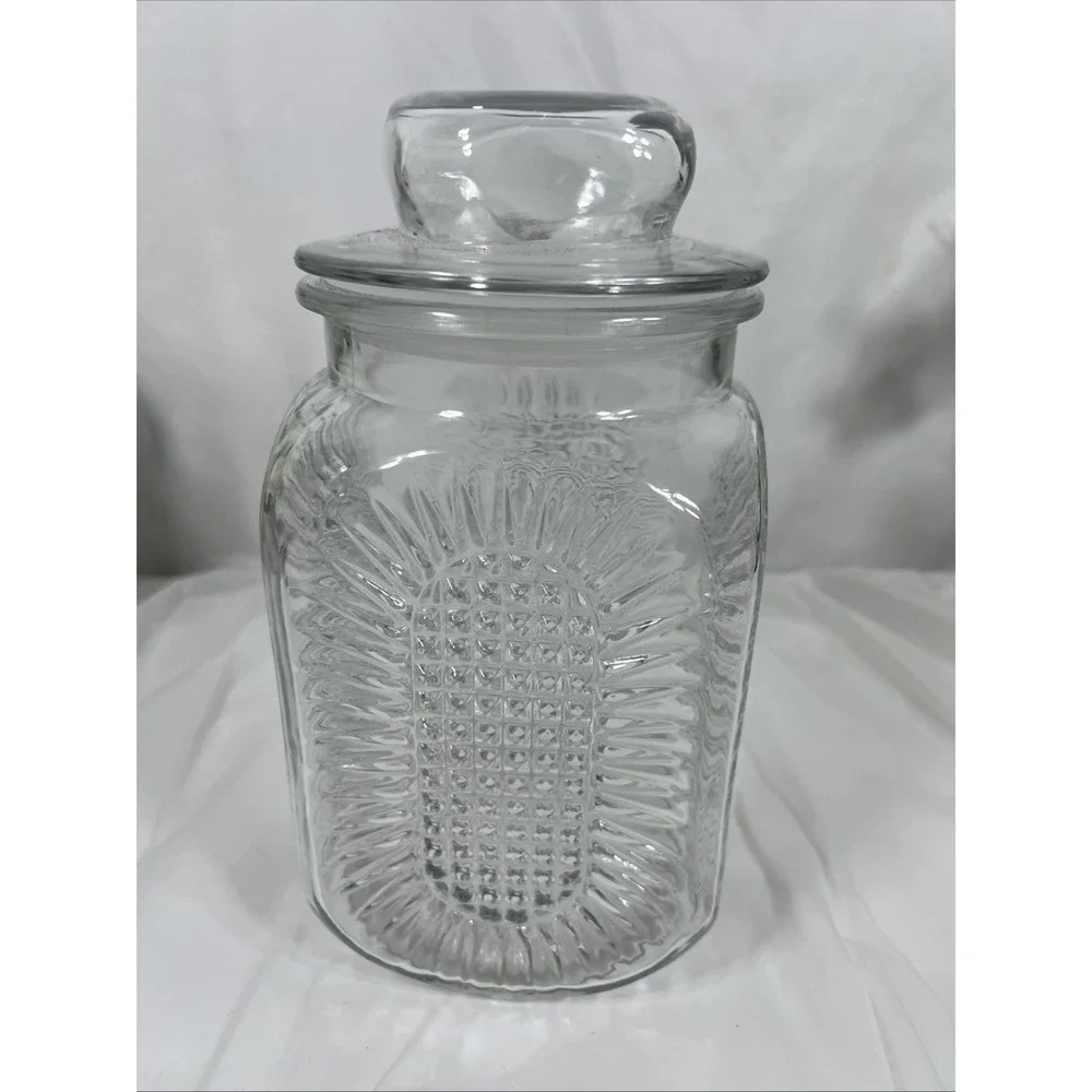Anchor Hocking Press Glass Sunflower Jar With Lid Starburt Vintage